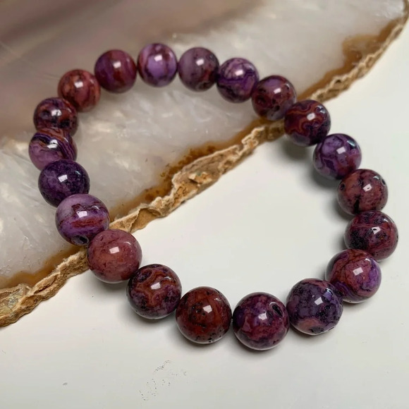 Artisan 10mm Purple Dyed Crazy Lace Agate Stretch Beaded Bracelet - Picture 1 of 1